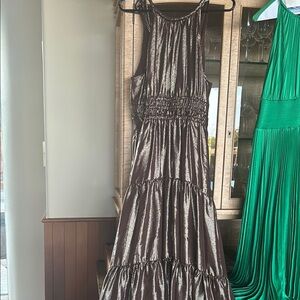 Gray Maxi Sundress with Ruched Bodice and Ruffled Skirt for Cocktail